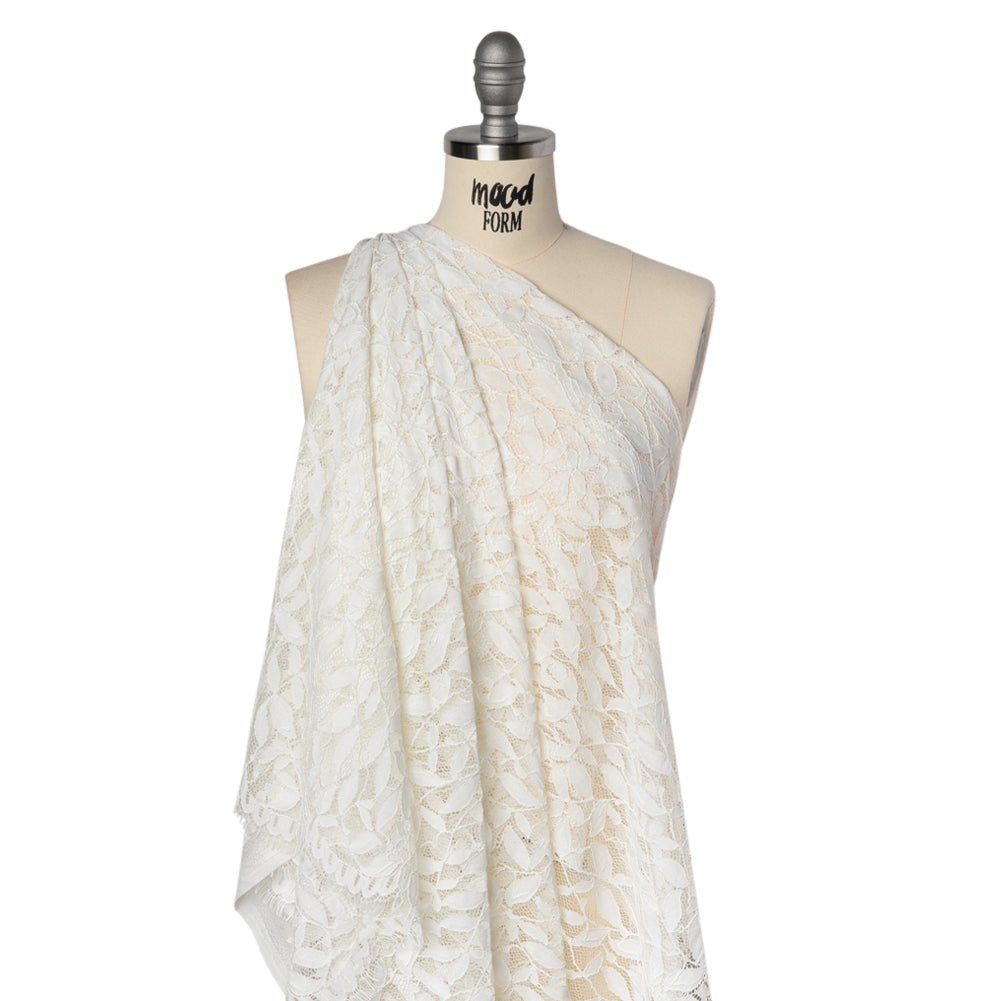 Corded Lace Panel with Finished Scalloped Edges - Ivory Leafy Stems
