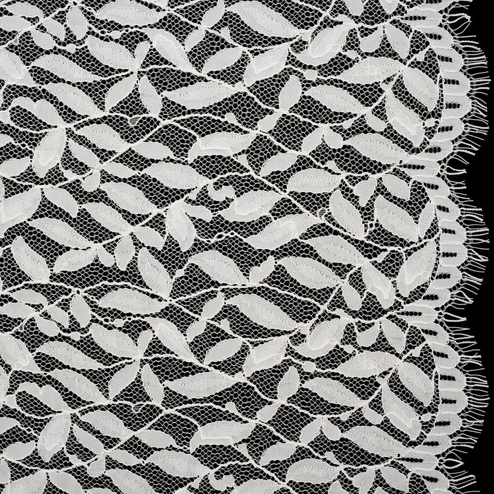 Corded Lace Panel with Finished Scalloped Edges - Ivory Leafy Stems