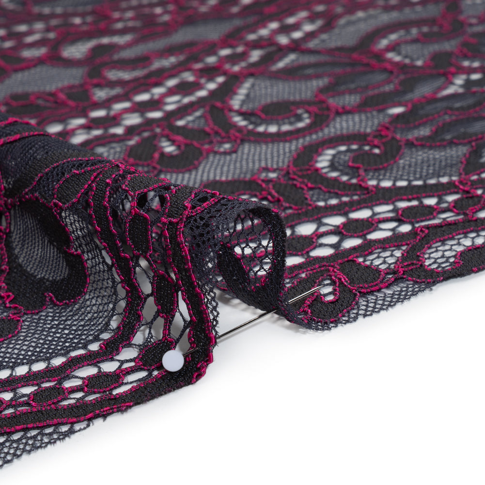 Corded Lace Narrow Panel with Finished Edges - Blue and Raspberry Rose Flowers, Dots and Wavy Lines