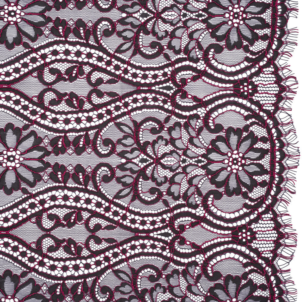 Corded Lace Narrow Panel with Finished Edges - Blue and Raspberry Rose Flowers, Dots and Wavy Lines