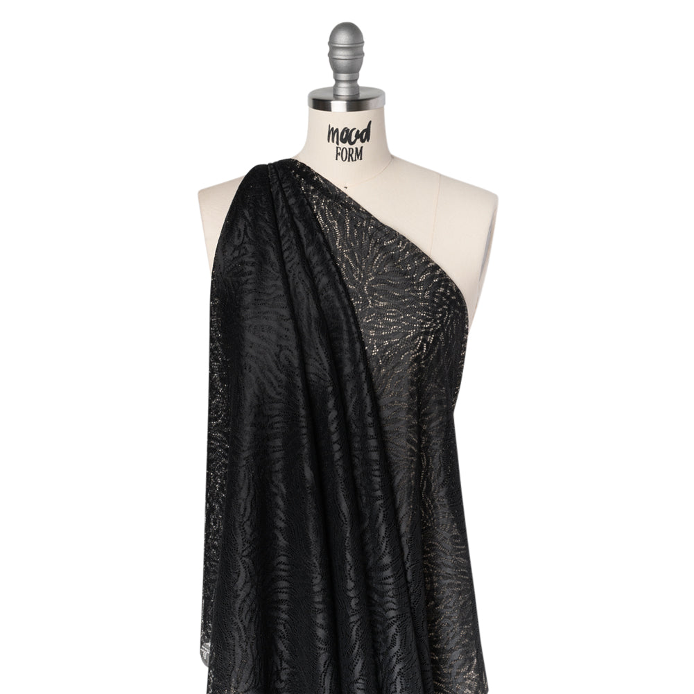 Fine Raschel Lace with Wavy Finished Edges - Black Abstracted Leaves