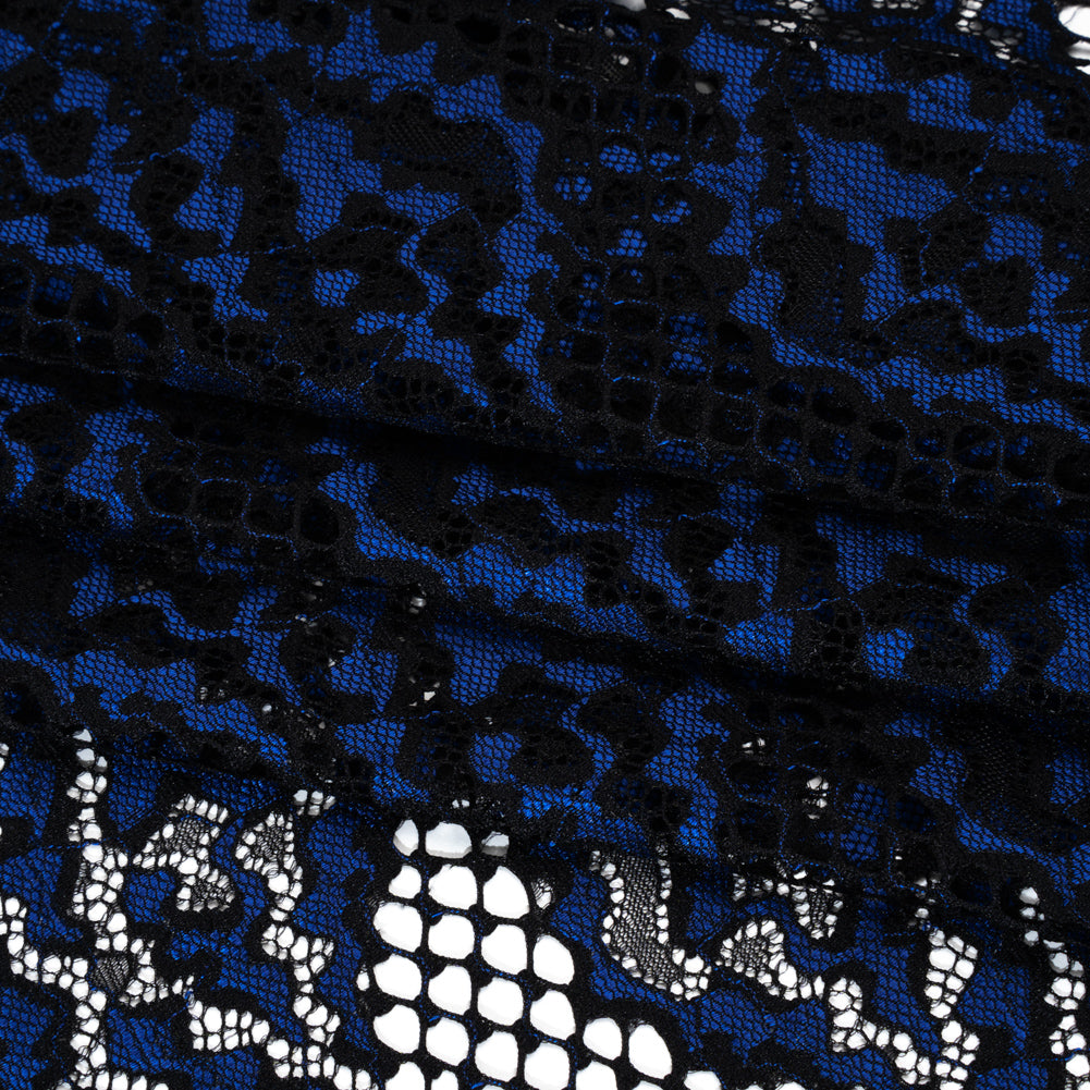 Raschel Lace with Organic Finished Edges - Black and Surf Blue Abstract Wavy Stripes