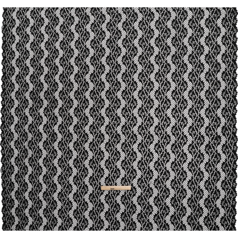 Raschel Lace with Organic Finished Edges - Black Abstract Wavy Stripes