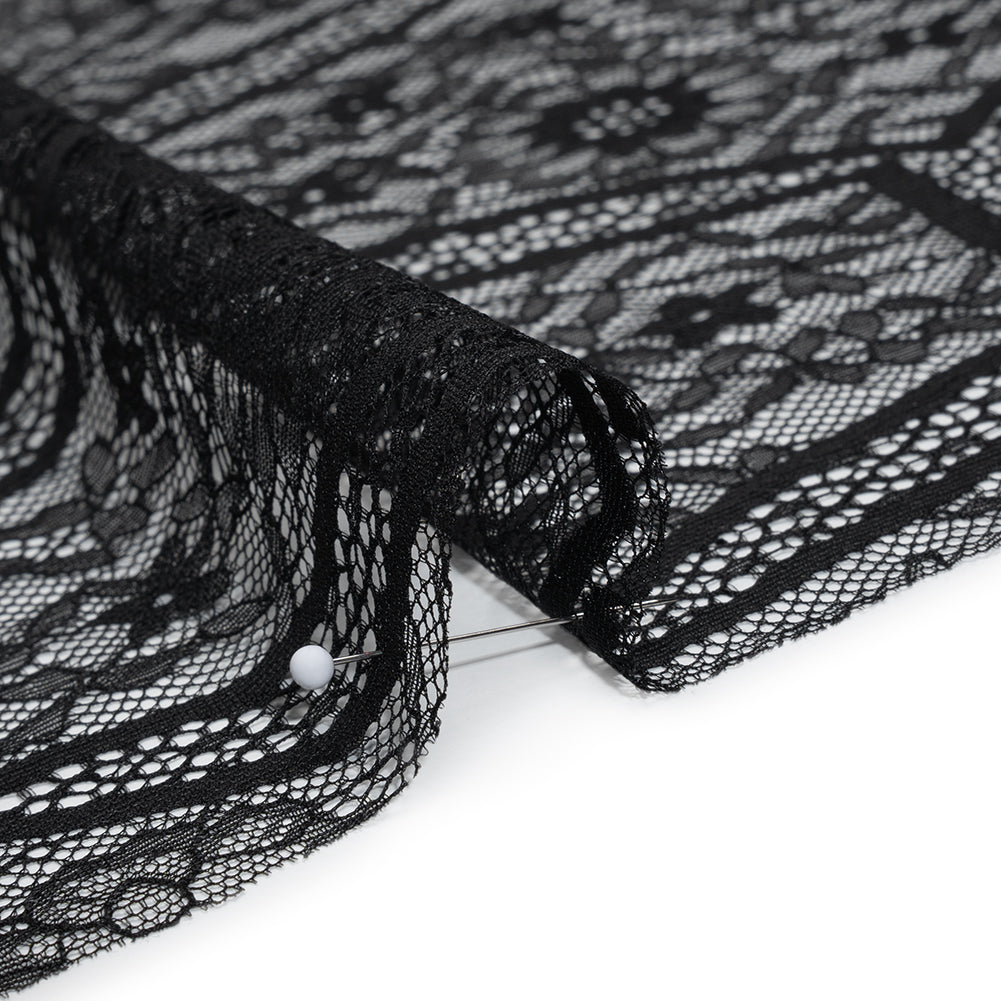 Raschel Lace Panel with Finished Edges - Black Geometric and Floral