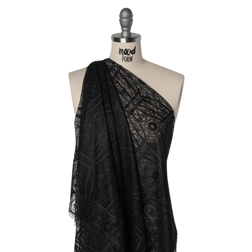 Raschel Lace Panel with Finished Edges - Black Geometric and Floral