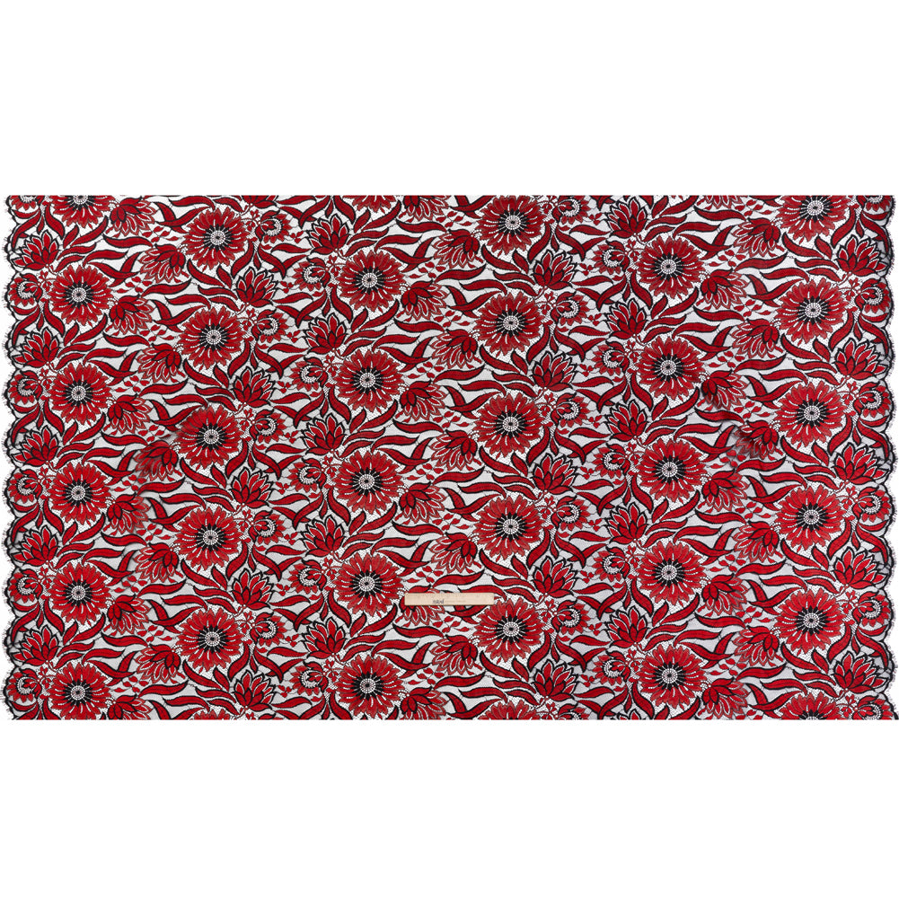 Raschel Lace Panel with Finished Edges - Black and Red Bold Daisies and Leaves