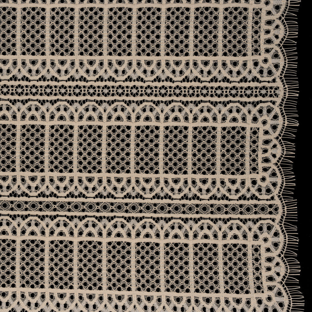 Raschel Lace Panel with Finished Edges - Tea Stain Geometric Rows of Windows