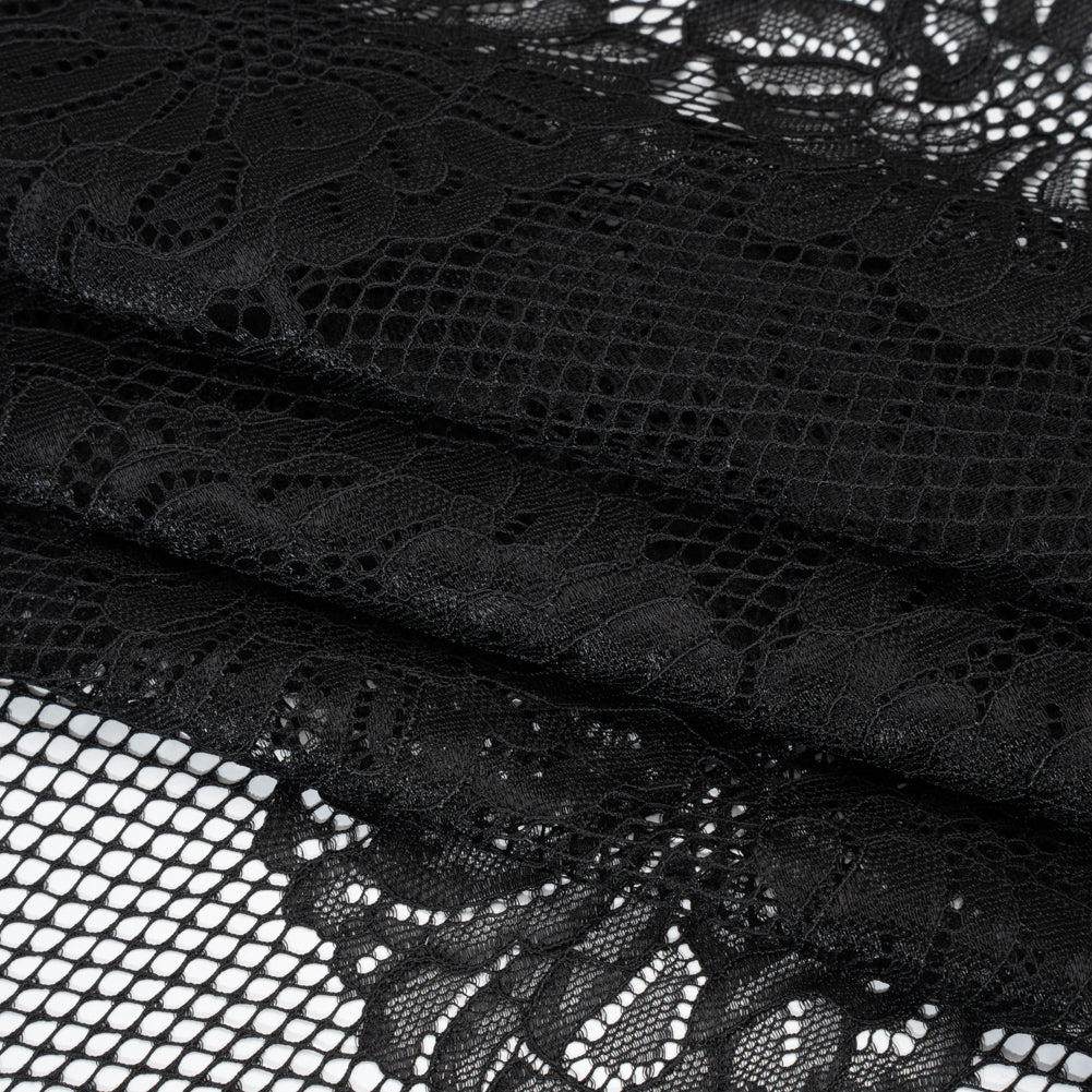 Corded Raschel Lace Panel with Finished Edges - Black Big Flowers on Diamond Net