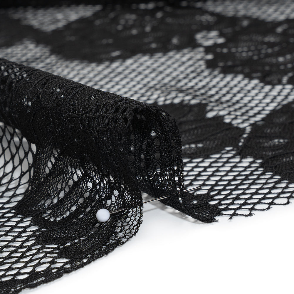 Corded Raschel Lace Panel with Finished Edges - Black Big Flowers on Diamond Net
