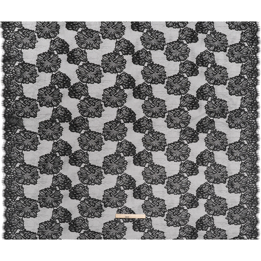 Corded Raschel Lace Panel with Finished Edges - Black Big Flowers on Diamond Net