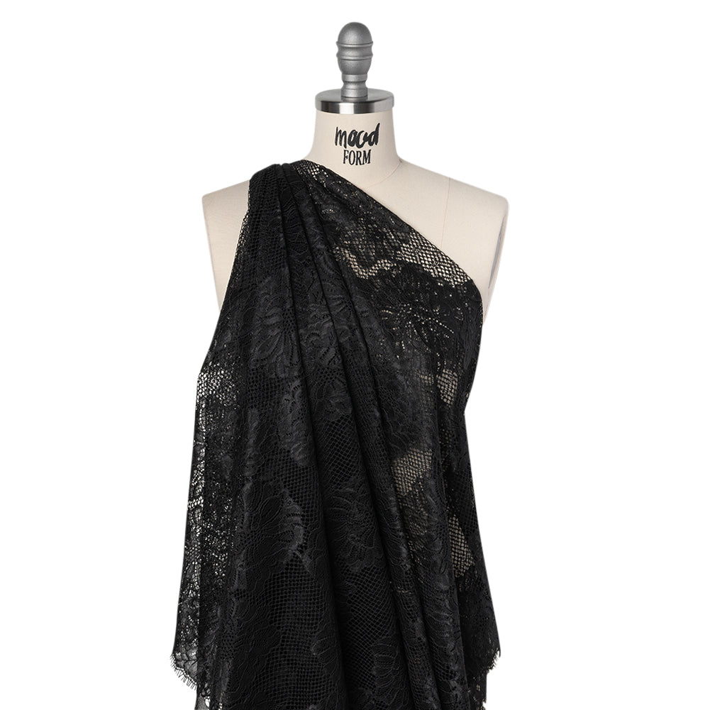 Corded Raschel Lace Panel with Finished Edges - Black Big Flowers on Diamond Net