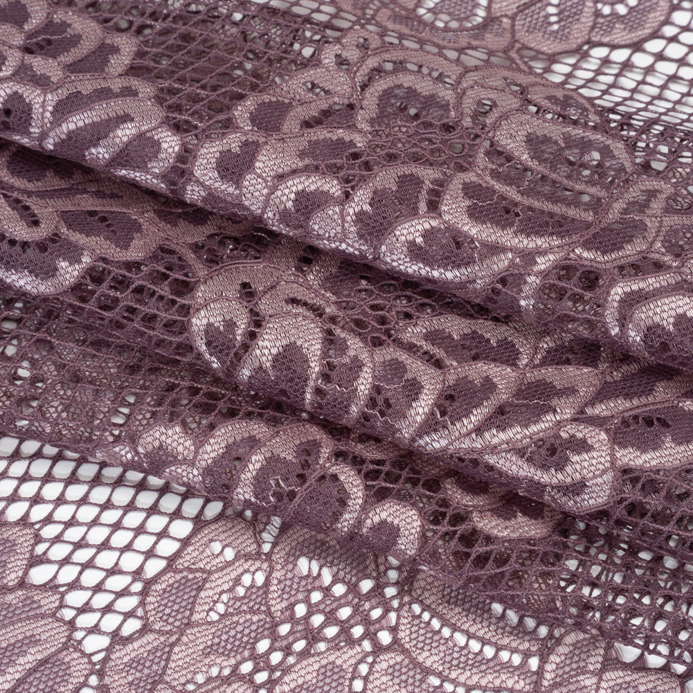 Corded Raschel Lace Panel with Finished Edges - Plum and Burnished Lilac Big Flowers on Diamond Net