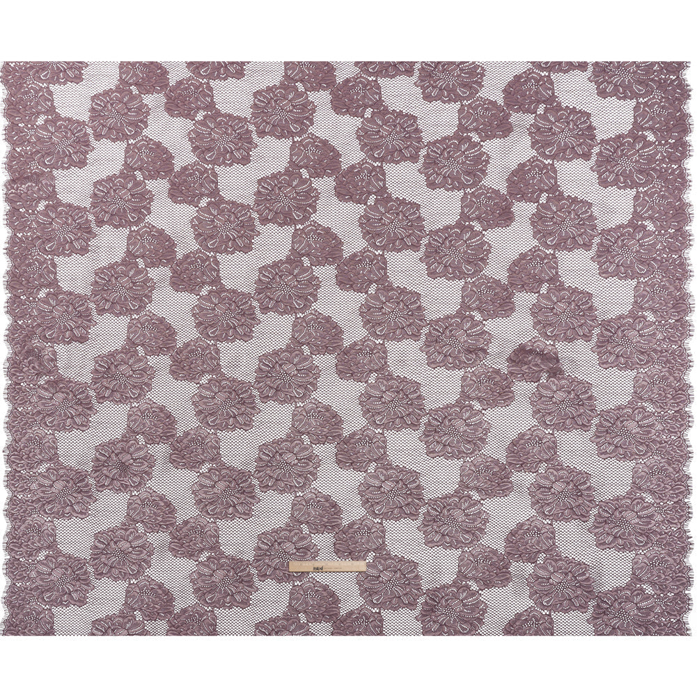 Corded Raschel Lace Panel with Finished Edges - Plum and Burnished Lilac Big Flowers on Diamond Net