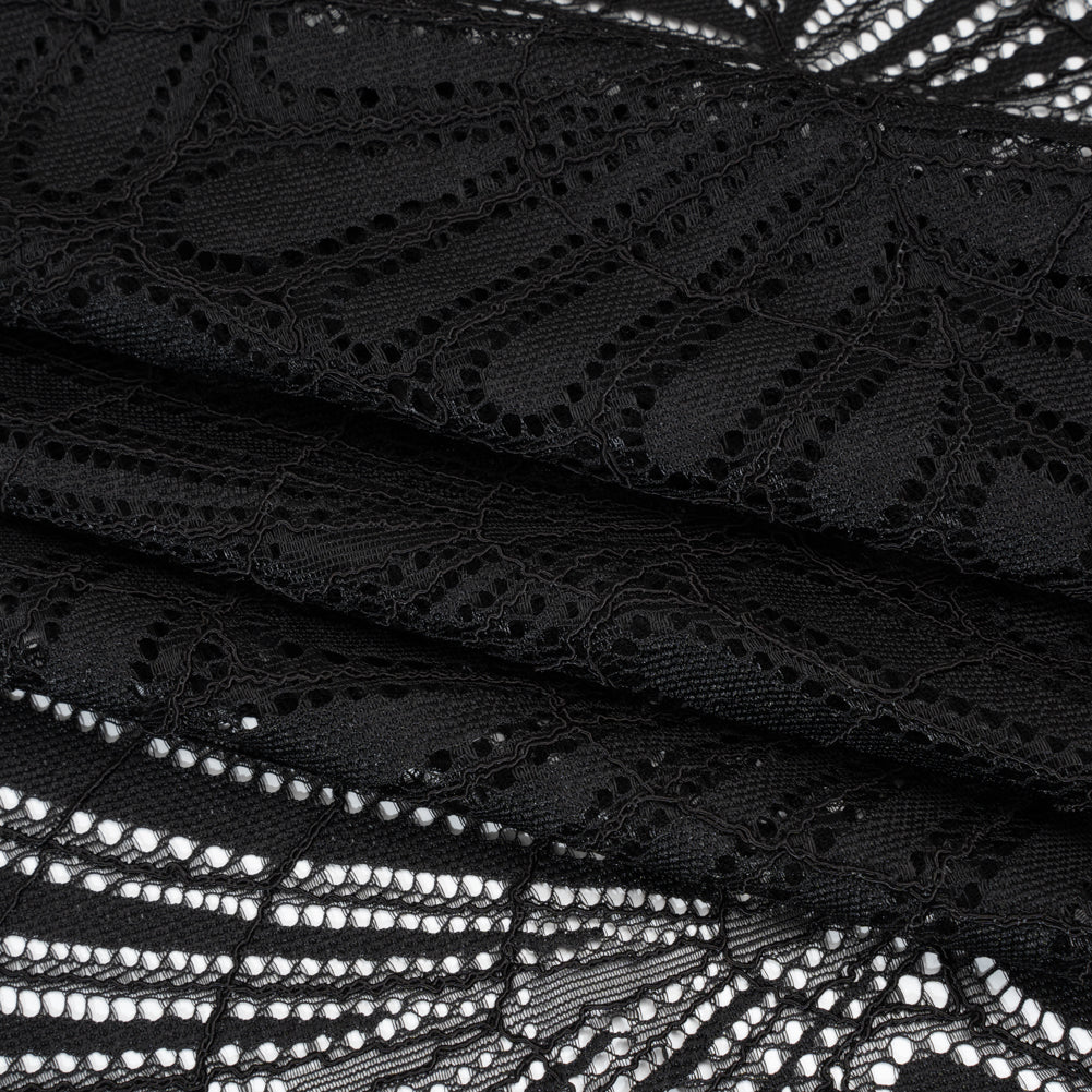 Corded Raschel Lace Panel with Finished Edges - Black Fan Palm Scallops