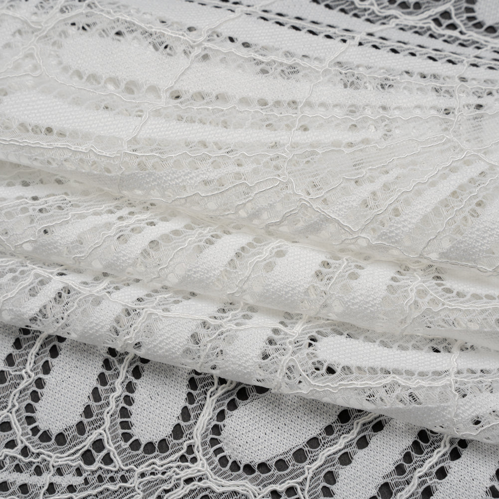 Corded Raschel Lace Panel with Finished Edges - Ivory Fan Palm Scallops