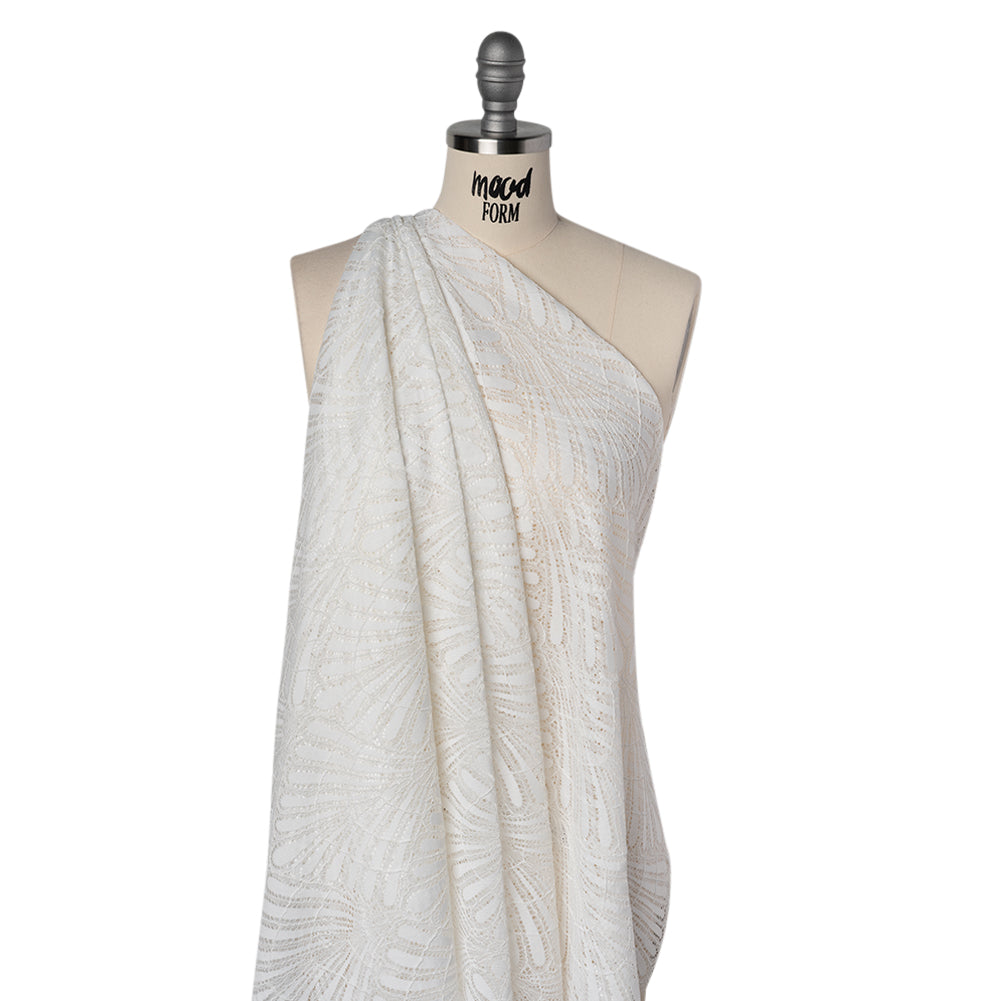 Corded Raschel Lace Panel with Finished Edges - Ivory Fan Palm Scallops