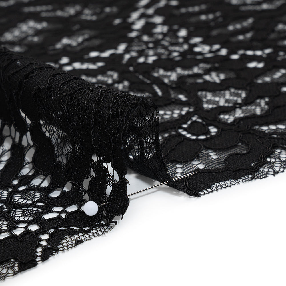 Corded Raschel Lace Panel with Finished Edges - Black All-Over Flowers and Leaves