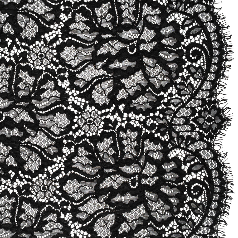 Corded Raschel Lace Panel with Finished Edges - Black All-Over Flowers and Leaves