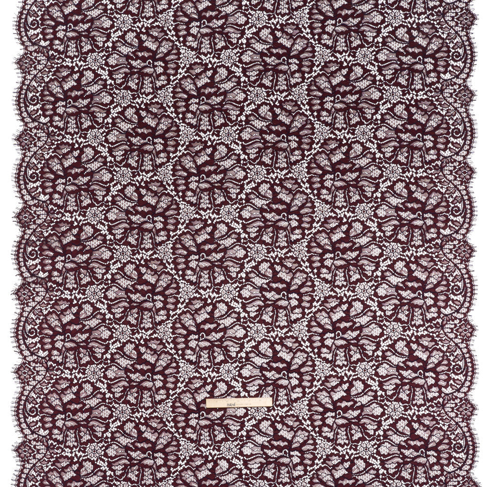 Corded Raschel Lace Panel with Finished Edges - Burgundy and Navy All-Over Flowers and Leaves