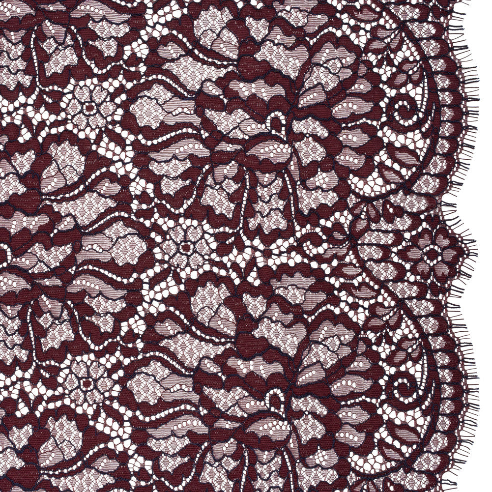 Corded Raschel Lace Panel with Finished Edges - Burgundy and Navy All-Over Flowers and Leaves