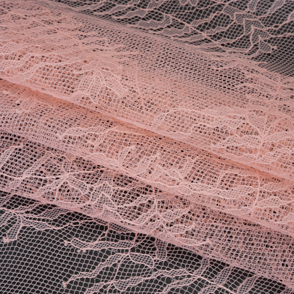 Raschel Lace Panel with Finished Edges - Blossom Pink Delicate Leafy Vines on Net