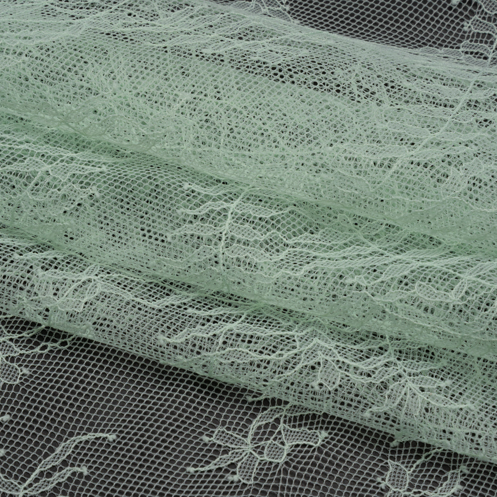 Raschel Lace Panel with Finished Edges - Dusty Aqua Delicate Leafy Vines on Net