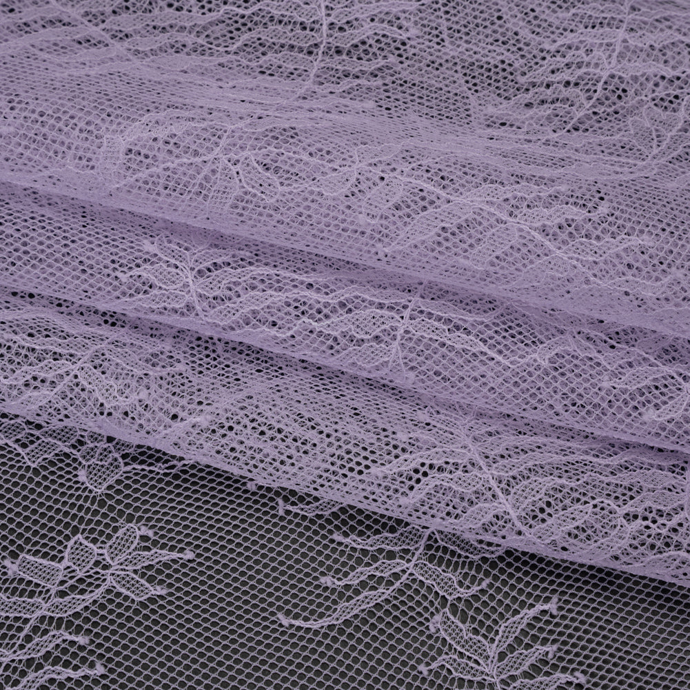 Raschel Lace Panel with Finished Edges - Lavender Delicate Leafy Vines on Net