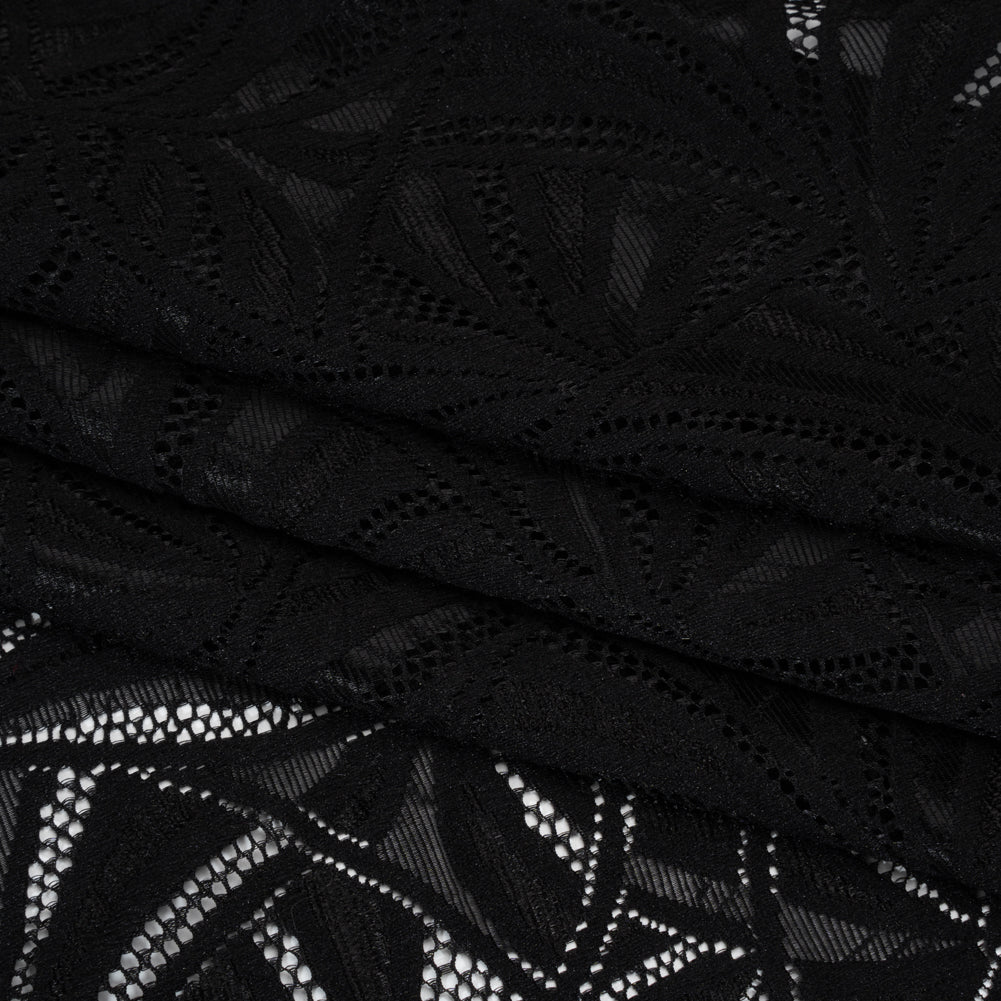 Stretch Raschel Lace with Finished Edges - Black Flying Fans