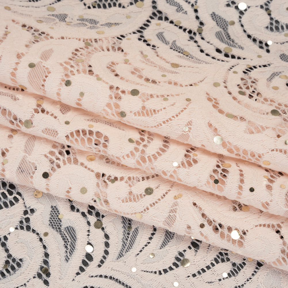 Stretch Raschel Lace with Metallic Spots - Blush and Gold Fancy Leaves and Flowers