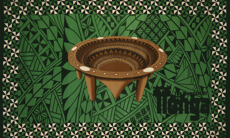 Kingdom Of Tonga Kava Bowl All Around Border Polyester Fabric - Orange, Blue, Yellow, Green, Red, All Around Border, 72" X 45" (1 Yard)