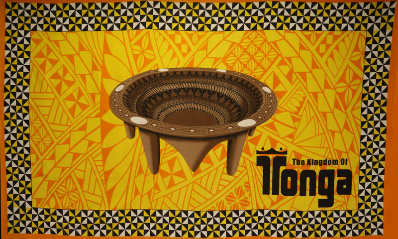 Kingdom Of Tonga Kava Bowl All Around Border Polyester Fabric - Orange, Blue, Yellow, Green, Red, All Around Border, 72" X 45" (1 Yard)