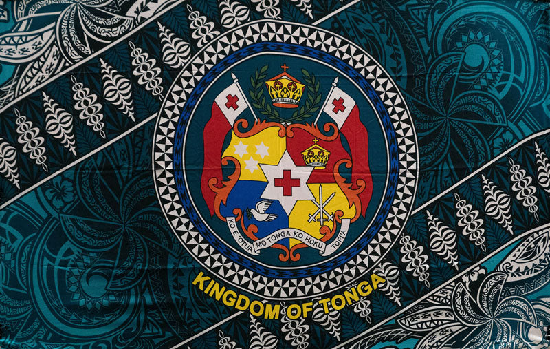 Kingdom Of Tonga Seal Tribal Polyester Fabric - Brown, Red, Purple, Teal, Tribal Pattern, 72" X 45" (1 Piece)