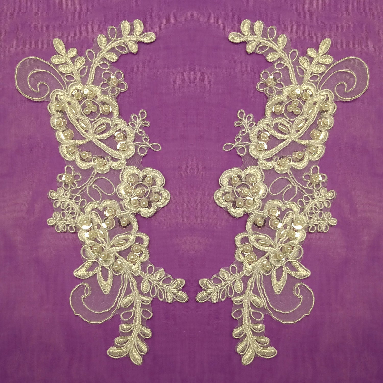 1 Pair Beaded & Corded Lace Applique Embroidered on 100% Polyester Organza 7.5" x 2.75" Each Side