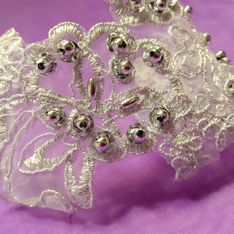 1 Pair Beaded & Corded Lace Applique Embroidered on 100% Polyester Organza 7.5" x 2.75" Each Side