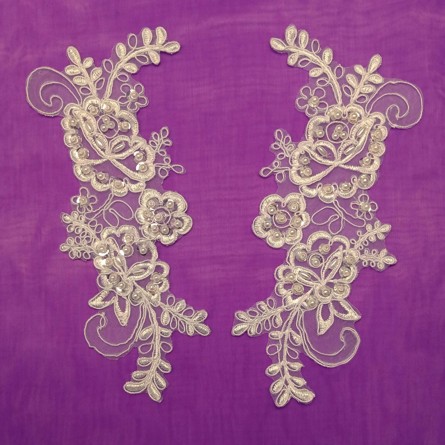1 Pair Beaded & Corded Lace Applique Embroidered on 100% Polyester Organza 7.5" x 2.75" Each Side