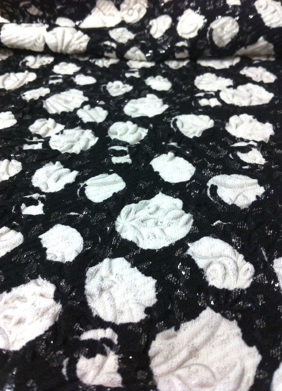 Abstract Circles Silver Foil Floral Pattern Embossed Stretch Polyester Spandex Textured Fukuro Fabric - Silver Foil Floral Pattern, 56" To 58" Width