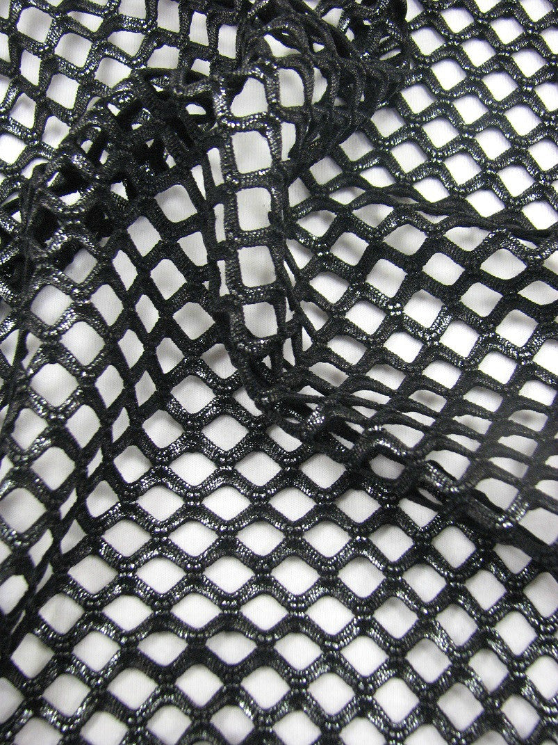 Big Hole 0.5 Inch Diamond Mesh With Shiny Foil Stretch Polyester Spandex Fishnet Fabric - Black/Gold, White/Silver, Black/Silver, 0.5 Inch Diamond Mesh, 58-60" Width