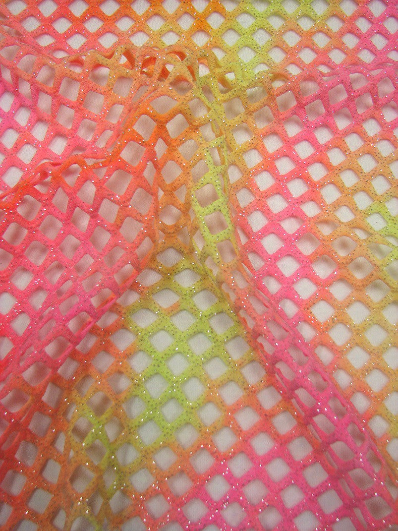 Tie-Dye Pattern Silver Glitter Polyester Spandex Diamond Mesh Fabric - Pink/Orange, Lime/Blue, Navy/Blue, Pink/Purple, 0.5 Inch Diamond Mesh, 56"-58" Width
