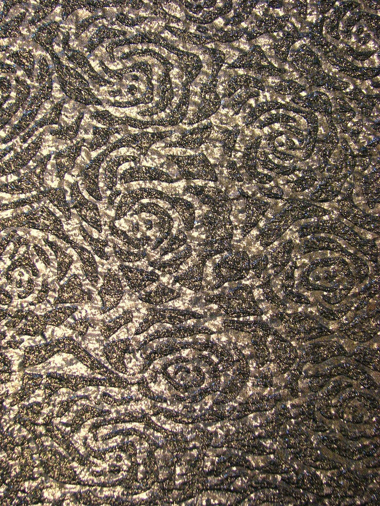 Polyester Spandex Textured Fukuro Embossed Floral Design With Shiny Lurex Fabric - Dark Gold, Dark Silver, Dark Turquoise, Dark Red, 52/54" Width