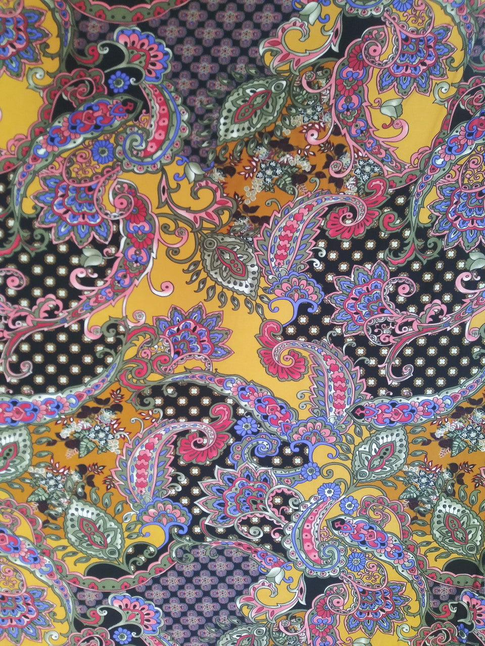 Polyester Spandex ITY Matte Jersey Fabric - Big Paisley Design, Mustard, Red, 58"-60" Width