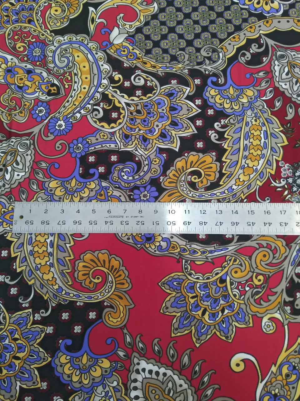 Polyester Spandex ITY Matte Jersey Fabric - Big Paisley Design, Mustard, Red, 58"-60" Width