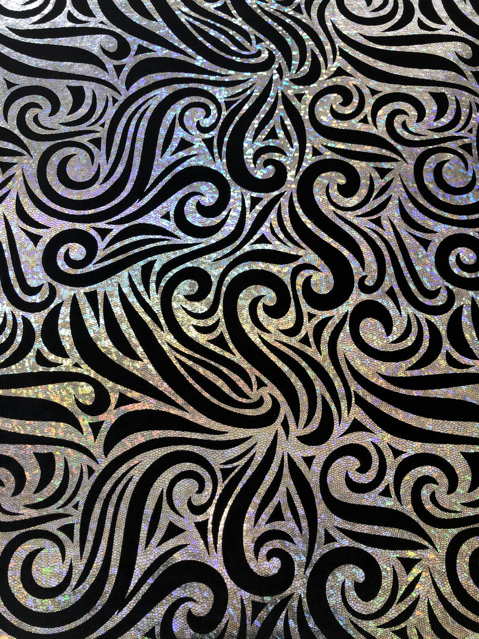 Swirl Hologram Snake Design Foil Polyester Spandex Velvet Fabric - Holo Black, Snake Scale Holographic Design, 58"-60" Width