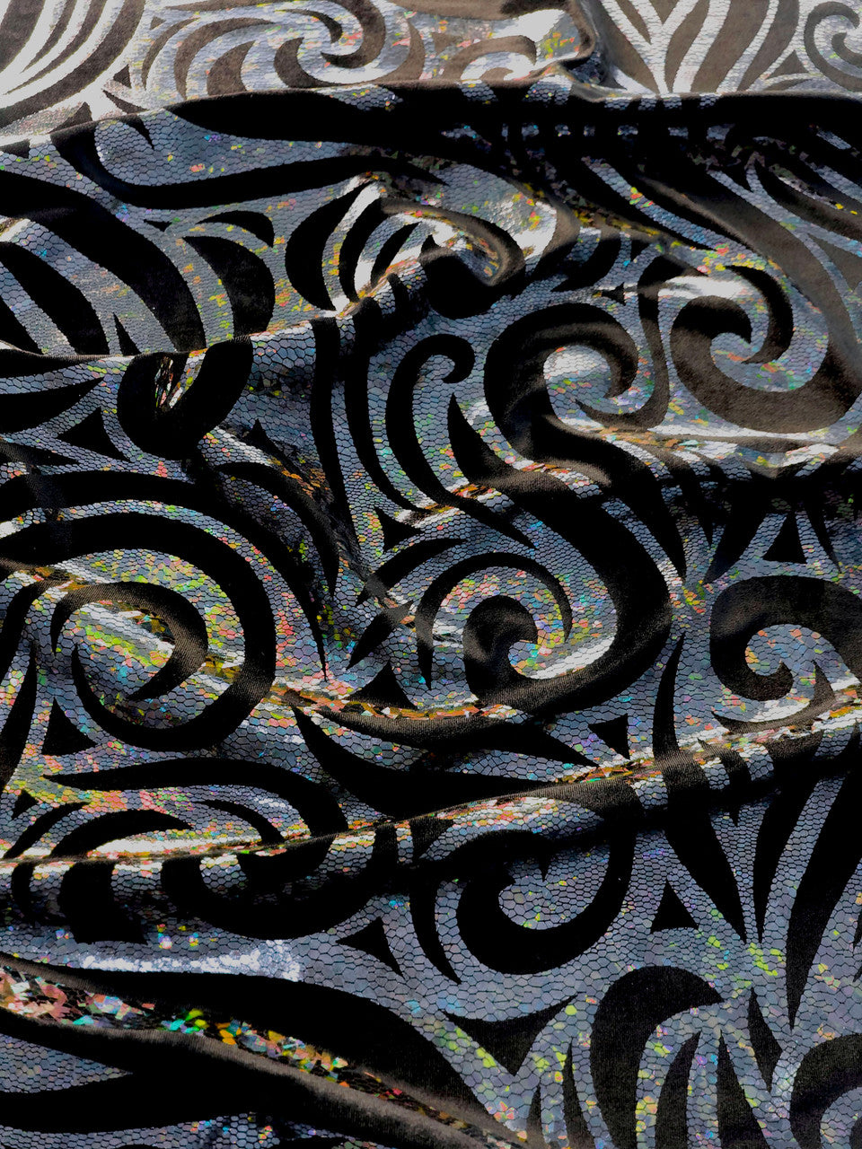 Swirl Hologram Snake Design Foil Polyester Spandex Velvet Fabric - Holo Black, Snake Scale Holographic Design, 58"-60" Width