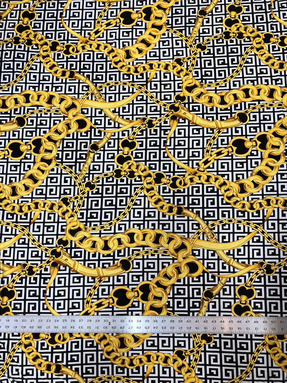 Abstract Chain Design Polyester Spandex Fabric - Red/Gold, White/Gold, Fuchsia/Gold, Abstract Chain Pattern, 58" Width
