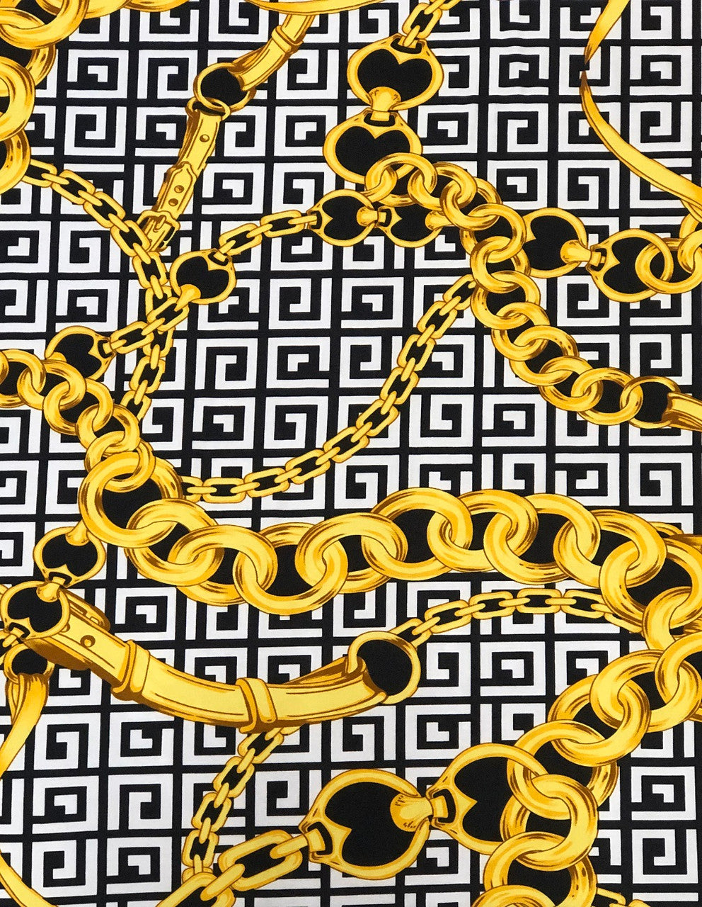 Abstract Chain Design Polyester Spandex Fabric - Red/Gold, White/Gold, Fuchsia/Gold, Abstract Chain Pattern, 58" Width