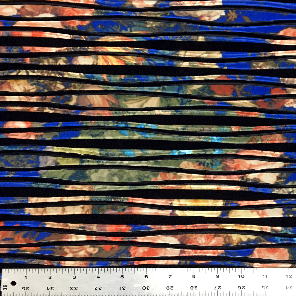 Flower Bouquet Allover Royal Blue W/ Black Stripes Nylon Spandex Fabric - Royal Blue, Black Stripes, 56/58" Wide