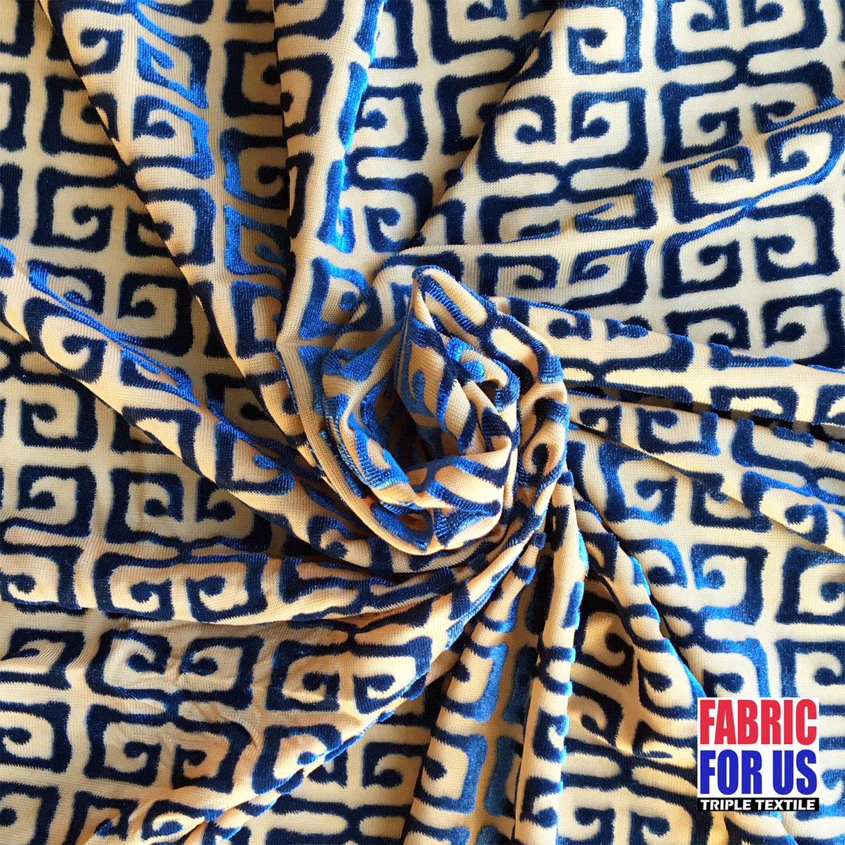 Greek Key Burnout Velvet Stretch Fabric - Tan And Brown Greek Key Pattern, 58" Width