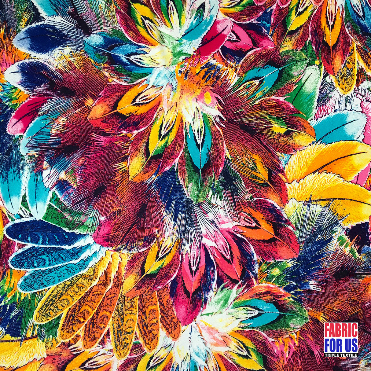 Peacock Feather Scarlet / Multi-Color Stretch Poly-Spandex Print Poly-Spandex Fabric - Peacock Feather Print, Scarlet Multi-Color, 58" Width