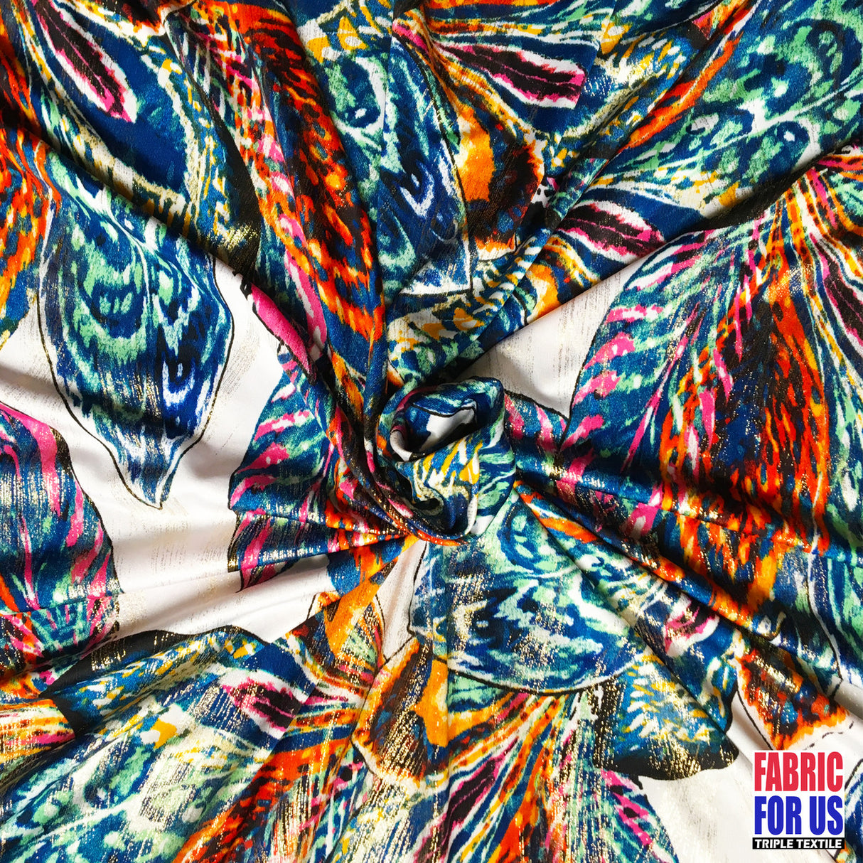 Peacock Feathers Strand Stretch Poly-Spandex Fabric - Red, Green, Micro Brush Tones, 58" Width