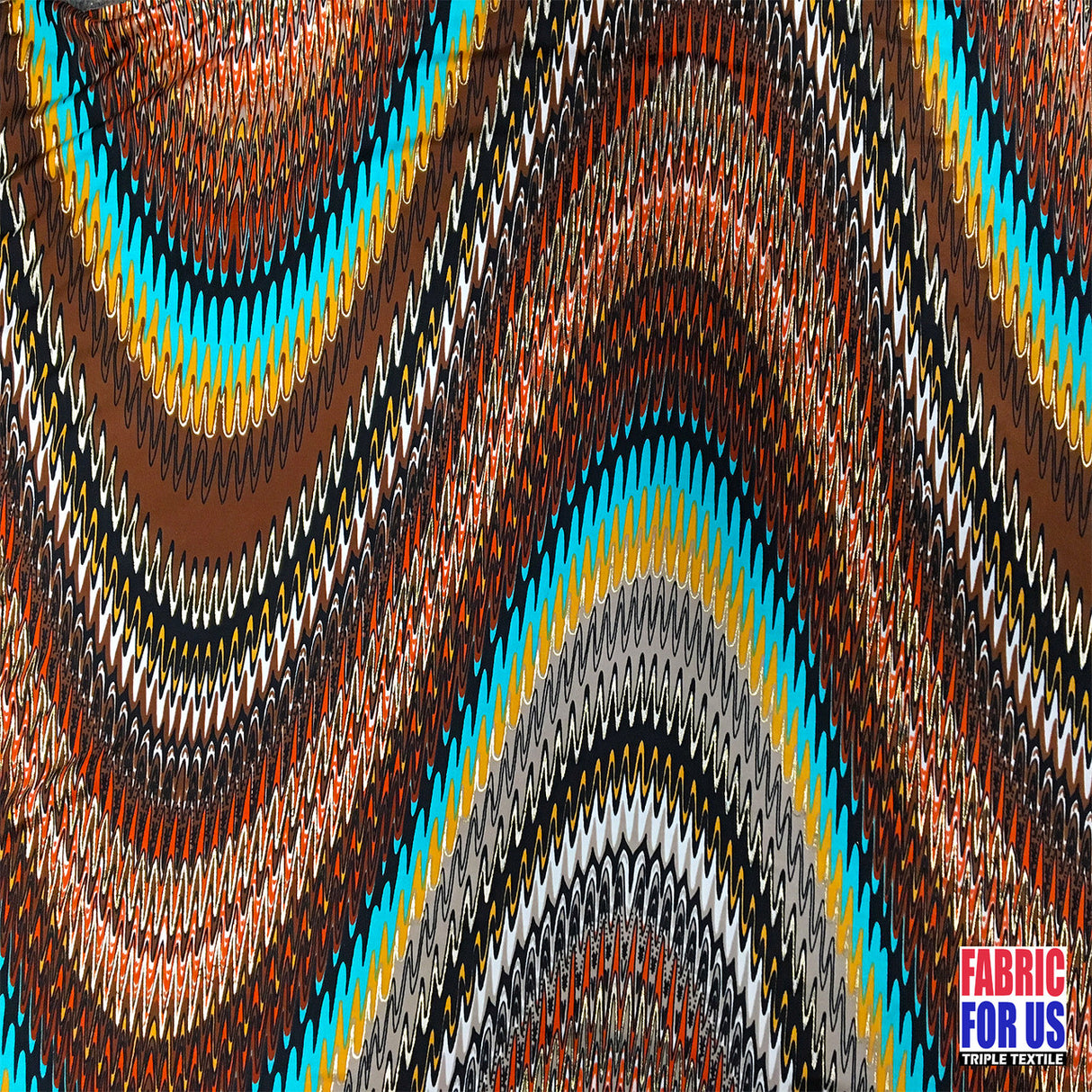 Waves Tidal Stretch Fabric - Aqua, Brown, Gold Lining, Multi-Color Wave Design, 58" Width